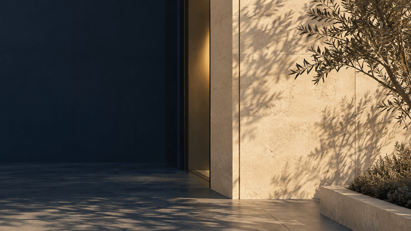 Sunlit contemporary stone architecture with olive foliage